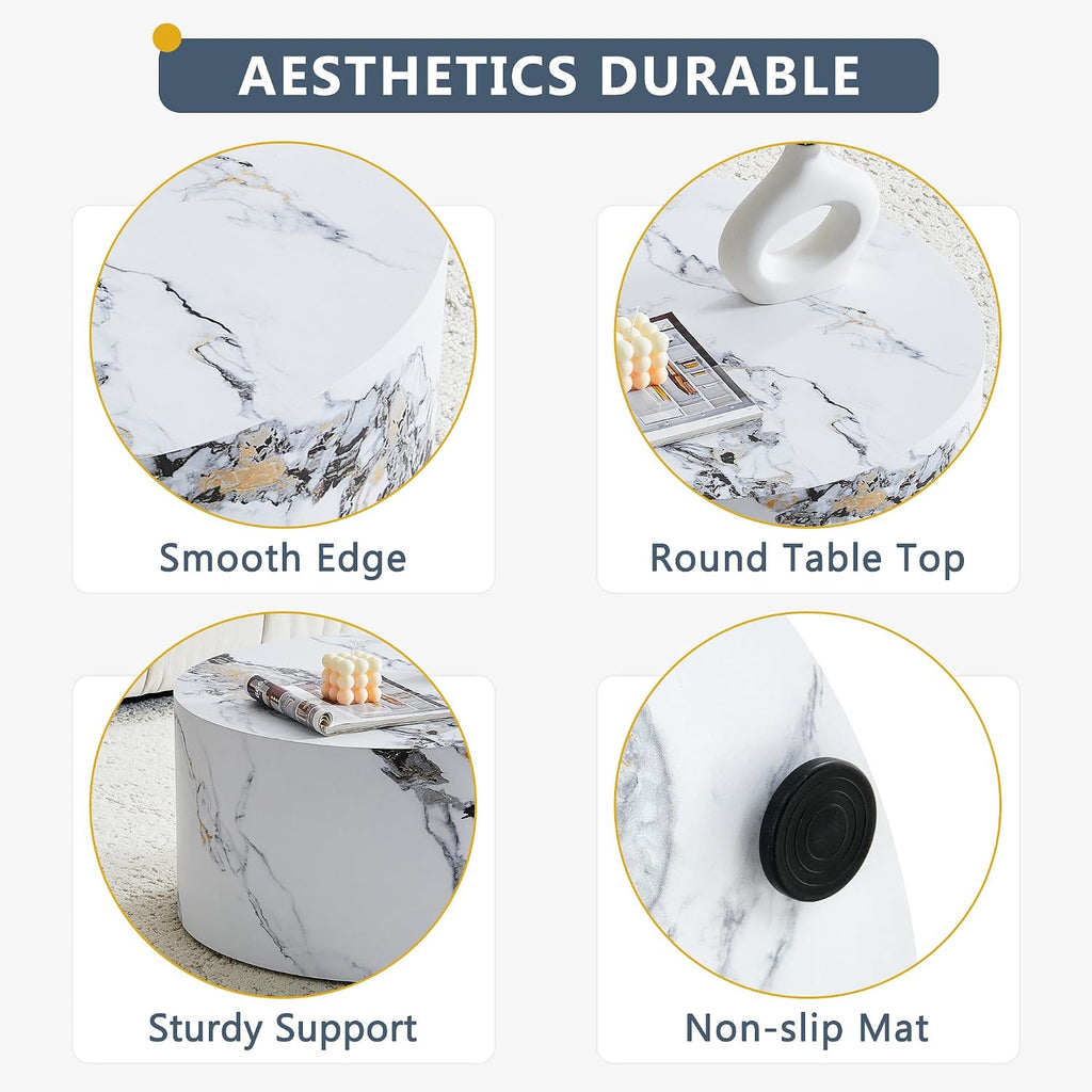 23.6' White Marble Small Coffee Table for Living Room Round Faux Marble Center Table Modern Drum-Shape Wooden Cocktail Table for Home Office - Fully Assembled