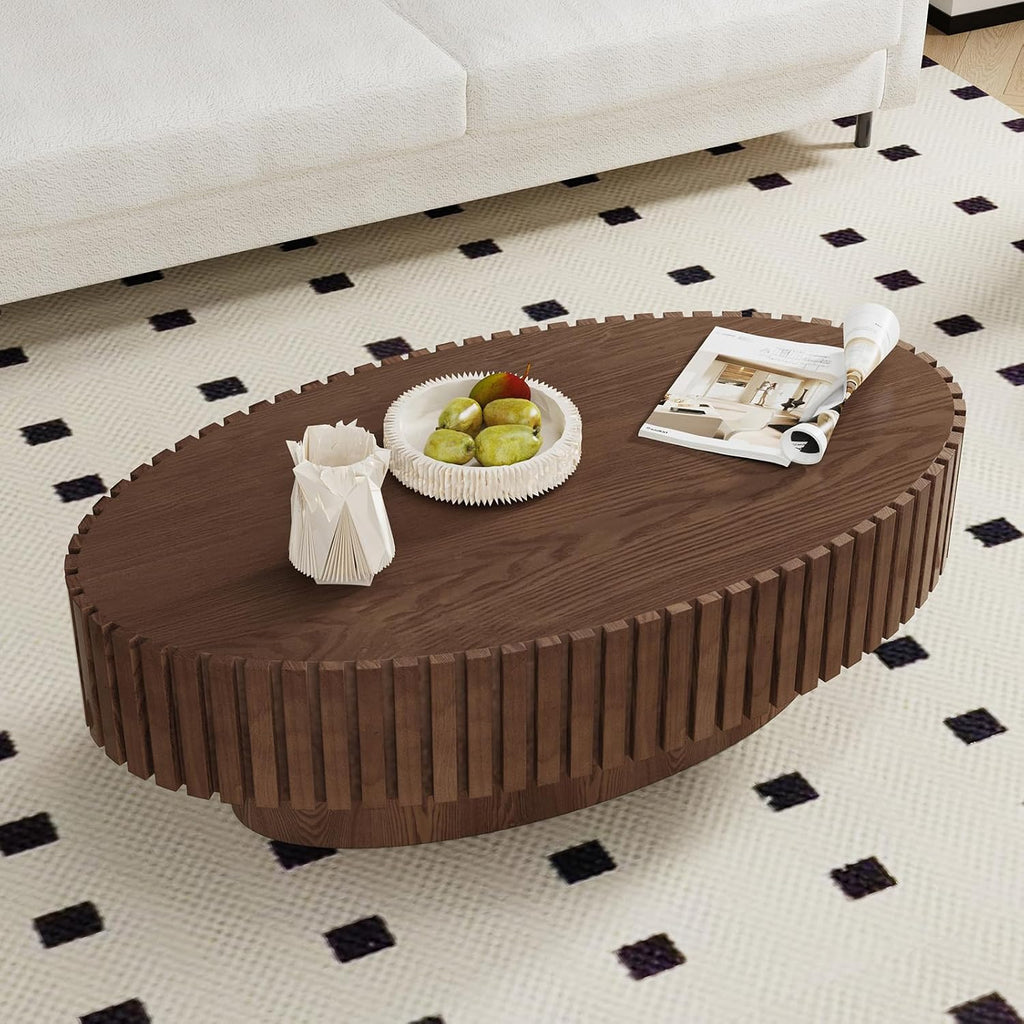 Handcraft Fluted Coffee Table 43.3' Oval Drum Center Tables with Sturdy Pedestal Easy to Assembly for Living Room Apartment Farmhouse (Oval Walnut 43.3in)