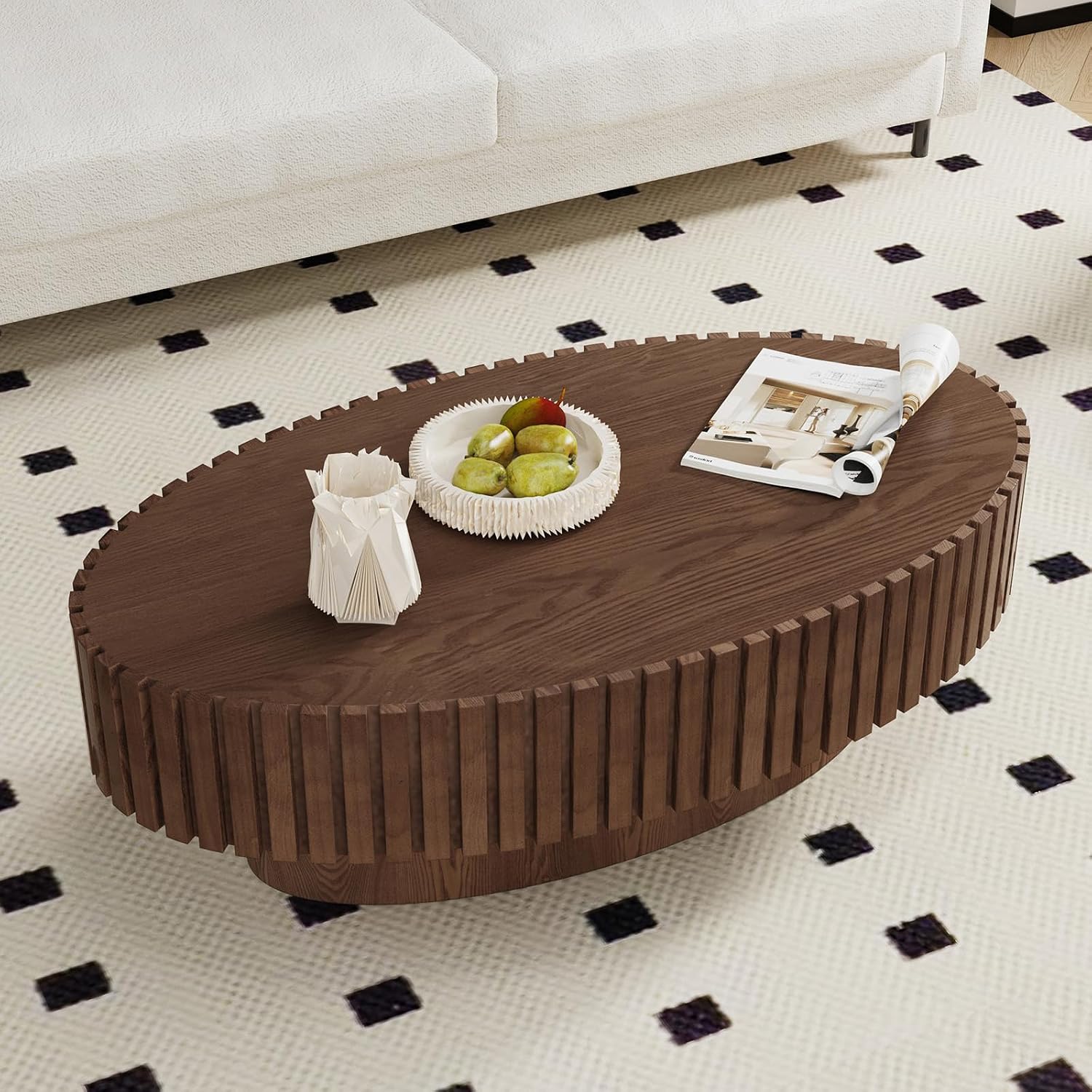 Handcraft Fluted Coffee Table 43.3' Oval Drum Center Tables with Sturdy Pedestal Easy to Assembly for Living Room Apartment Farmhouse (Oval Walnut 43.3in)