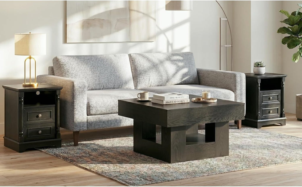 OKYCI Modern Coffee Table and End Table Set of 3 for Living Room, Includes 31.5' Coffee Table & 2 Side Table with 2 Drawers & Charging Station, Black