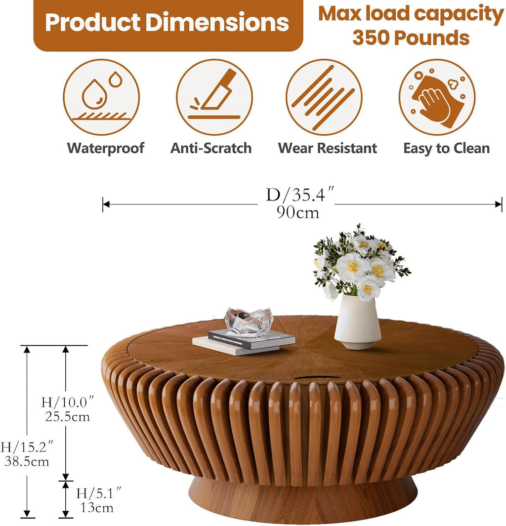 Modern Wood Fluted Round Coffee Table with Storage - Handcraft Drum Coffee Tables with Sturdy Base, Accent Center Table Small Circle Coffee Table for Living Room,Office, Apartment (Brown 35.4')