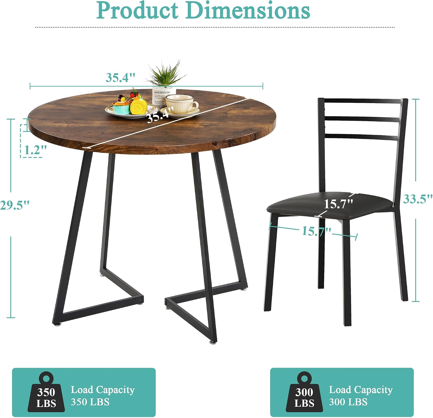 VECELO Round Dining Table Set for 4, Wood Tabletop & Heavy-Duty Steel Frame, 6-Piece Dinette with Chairs for Kitchen, Breakfast Nook, Antique Brown & Black