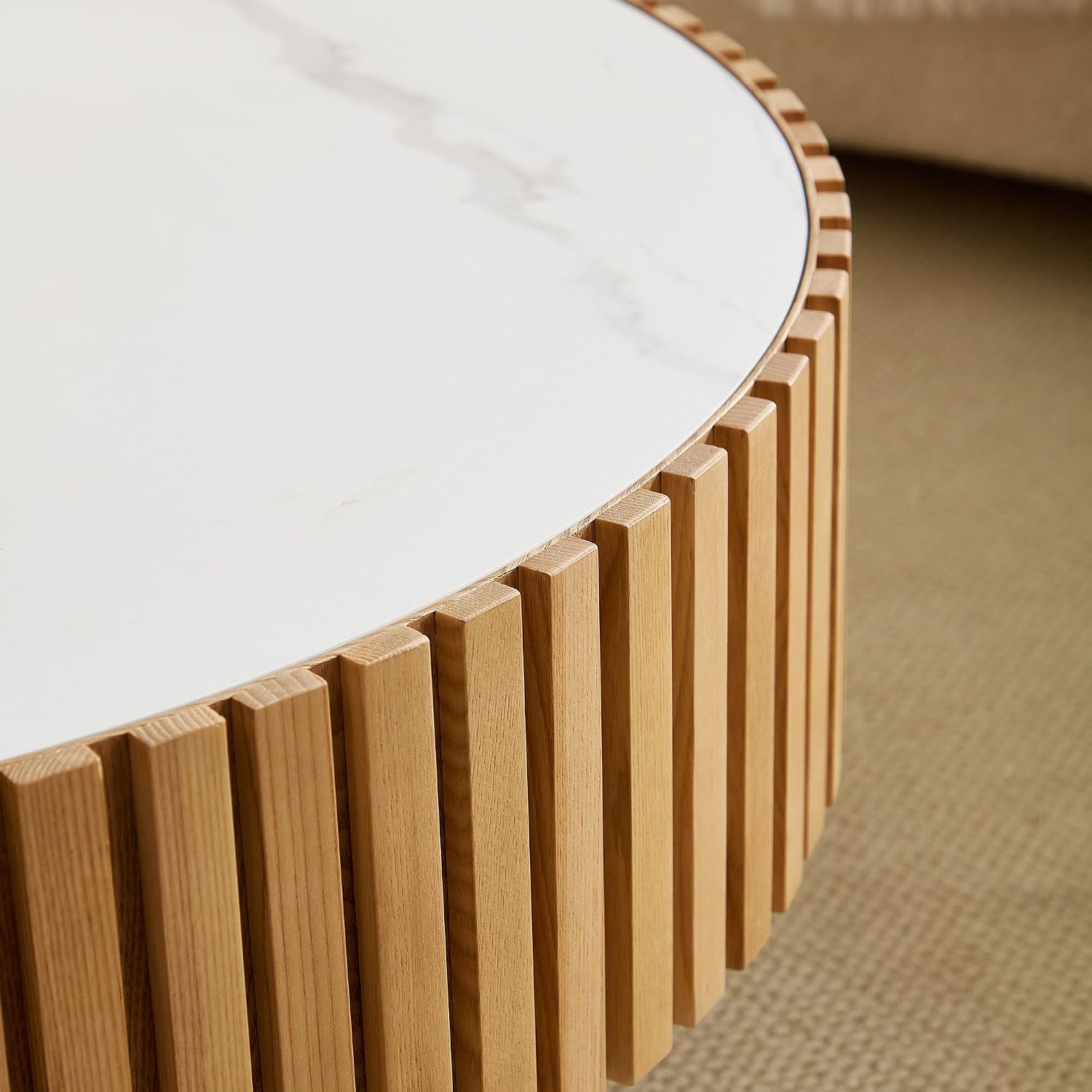WILLIAMSPACE 35.43' Round Coffee Table with Sintered Stone Tabletop, Modern Farmhouse Wood Circle Drum Center Table for Living Room, Accent Side End Table for Apartment, 13.77' H (Oak+White)