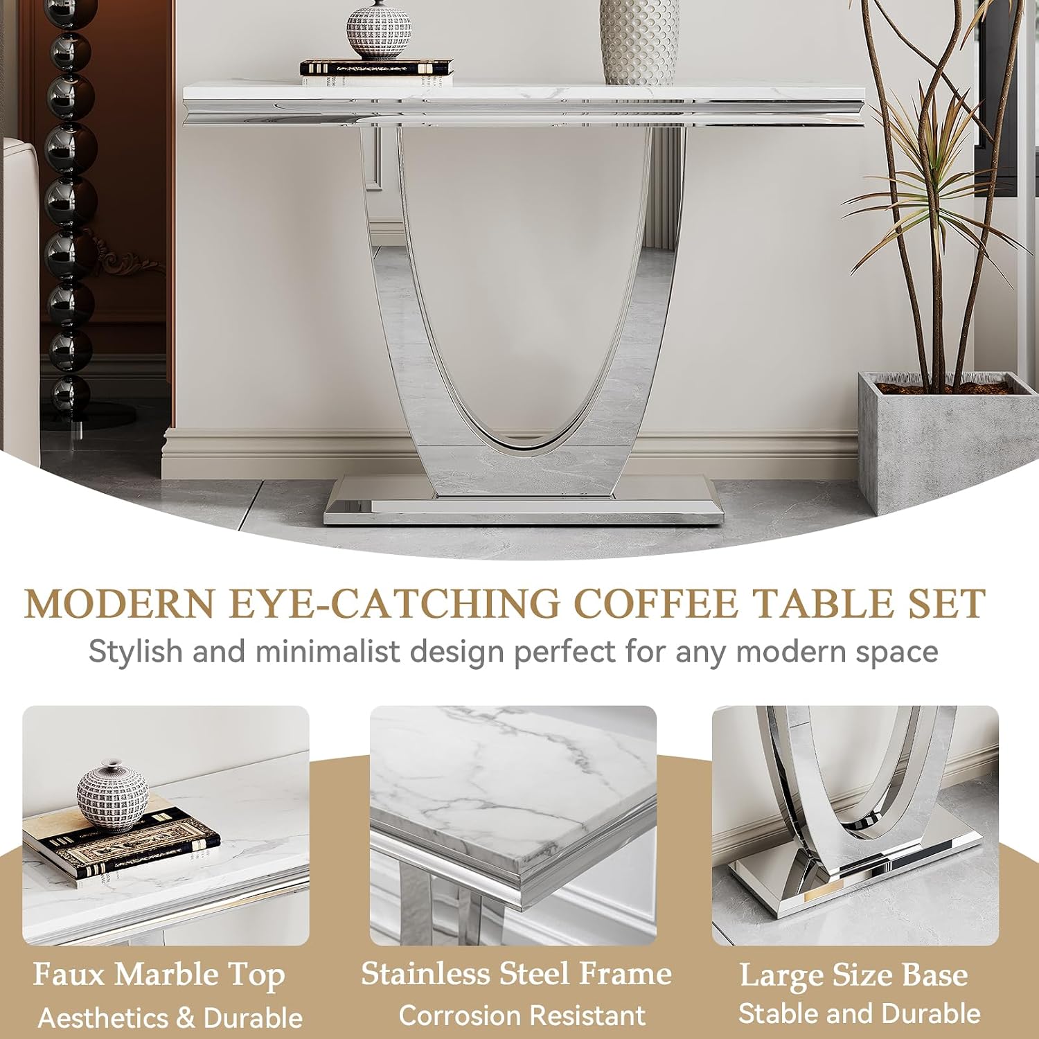 White Silver Console Table, 47' Faux Marble Entryway Table Narrow Long Sofa Table, Modern Accent Table Luxury Rectangle Behind Sofa Entrance Table Foyer Hallway Table for Living Room