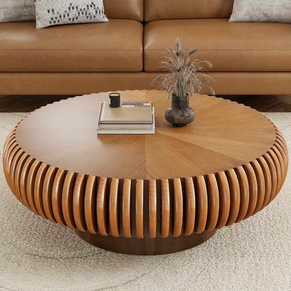 Round Coffee Table for Living Room Modern Solid Wood Fluted Design Coffee Tables with Sturdy Pedestal for Small Space Circle Center Table Accent Tea Table for Apartment, Easy Assemble (Brown, 31.4)