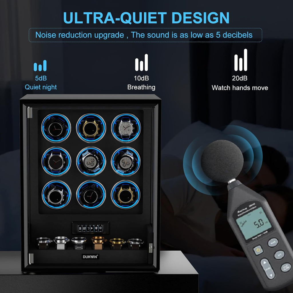 DUKWIN Fingerprint Lock Watch Winder, 8 TPD Watches Winder for 6/9 Automatic Watches with 6 Watch Holders, LCD Display, Adjustable Pillow and Changing LED Light for Gentles and Ladies