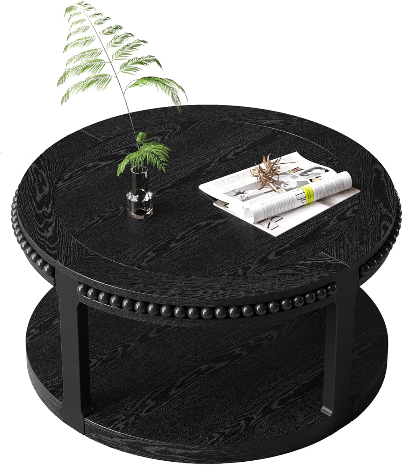 31.5'' Round Coffee Table, 2-Tier Modern Rustic Wood Circle Coffee Table for Living Room, Easy Assembly, Black