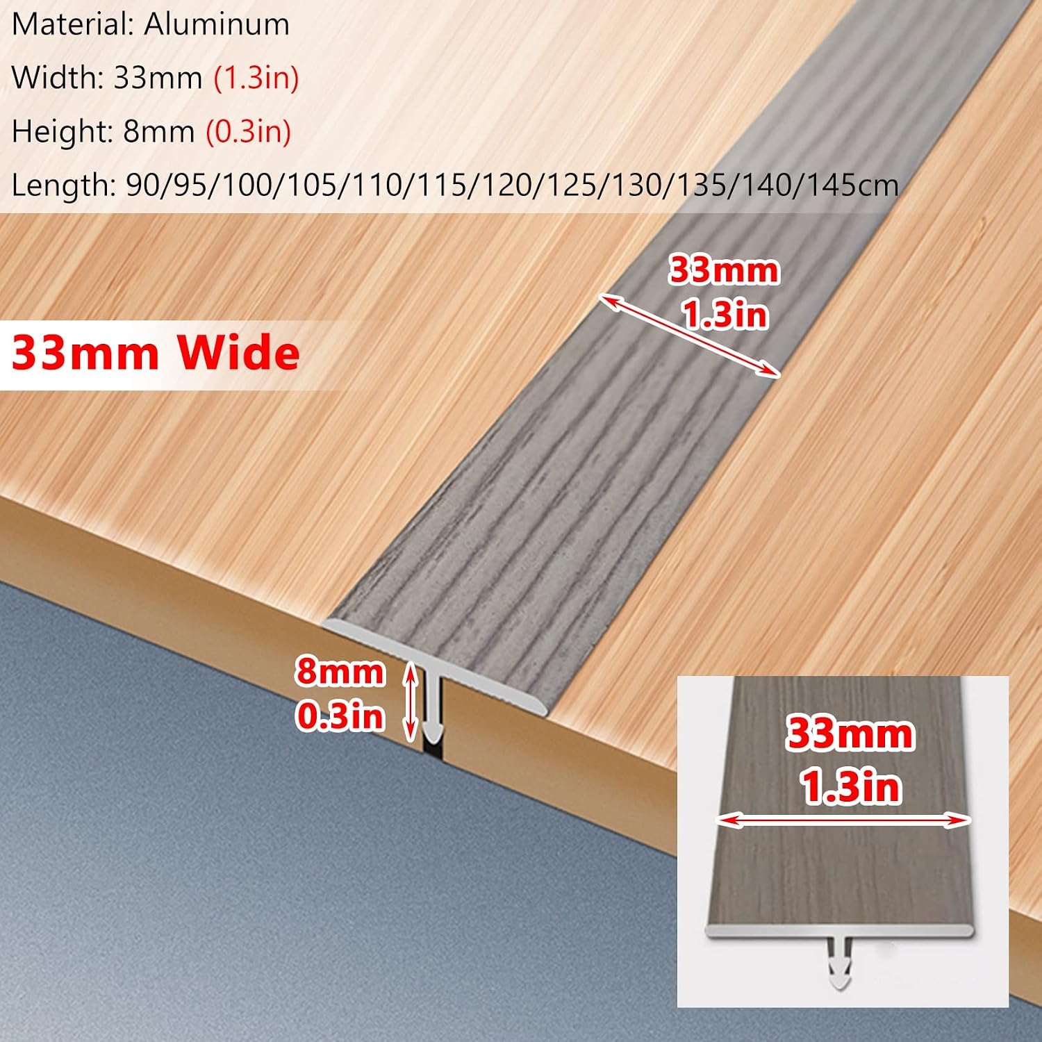 Metal T Molding Transition Strip, Carpet Edge Trim Self Adhesive, Gray Reducer Doorways Threshold Ramp for Flat Floor, Wood Effect Edging Strips (Color : Width 33mm, Size : Length 95cm (37.4in))
