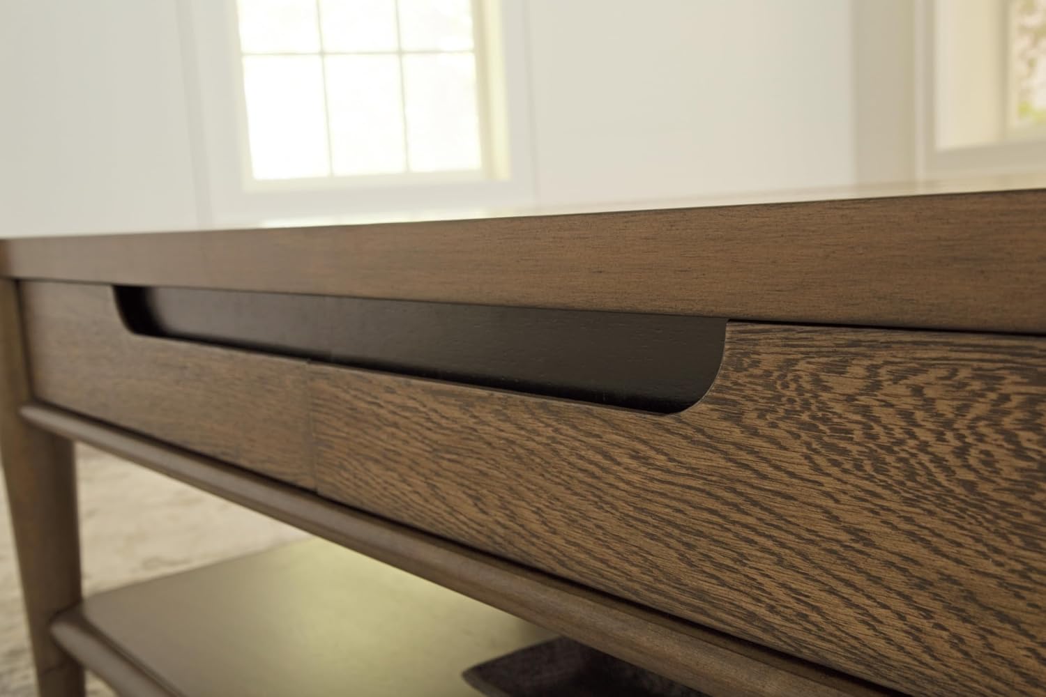 Signature Design by Ashley Roanhowe Contemporary 2-Drawer Coffee Table with Open Lower Shelf and Tapered Legs, Dark Brown