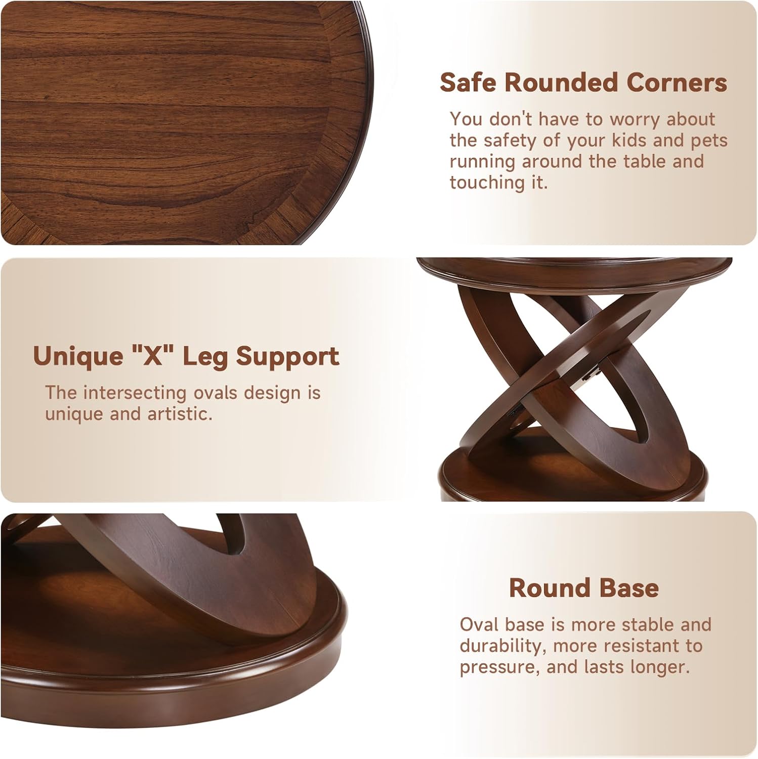 LKTART Living Room Coffee Table Set of 3, Oval Wood Coffee Table and Round End Tables Set of 2, Vintage Antique Coffee Table Sets with X-Shape Support,Walnut