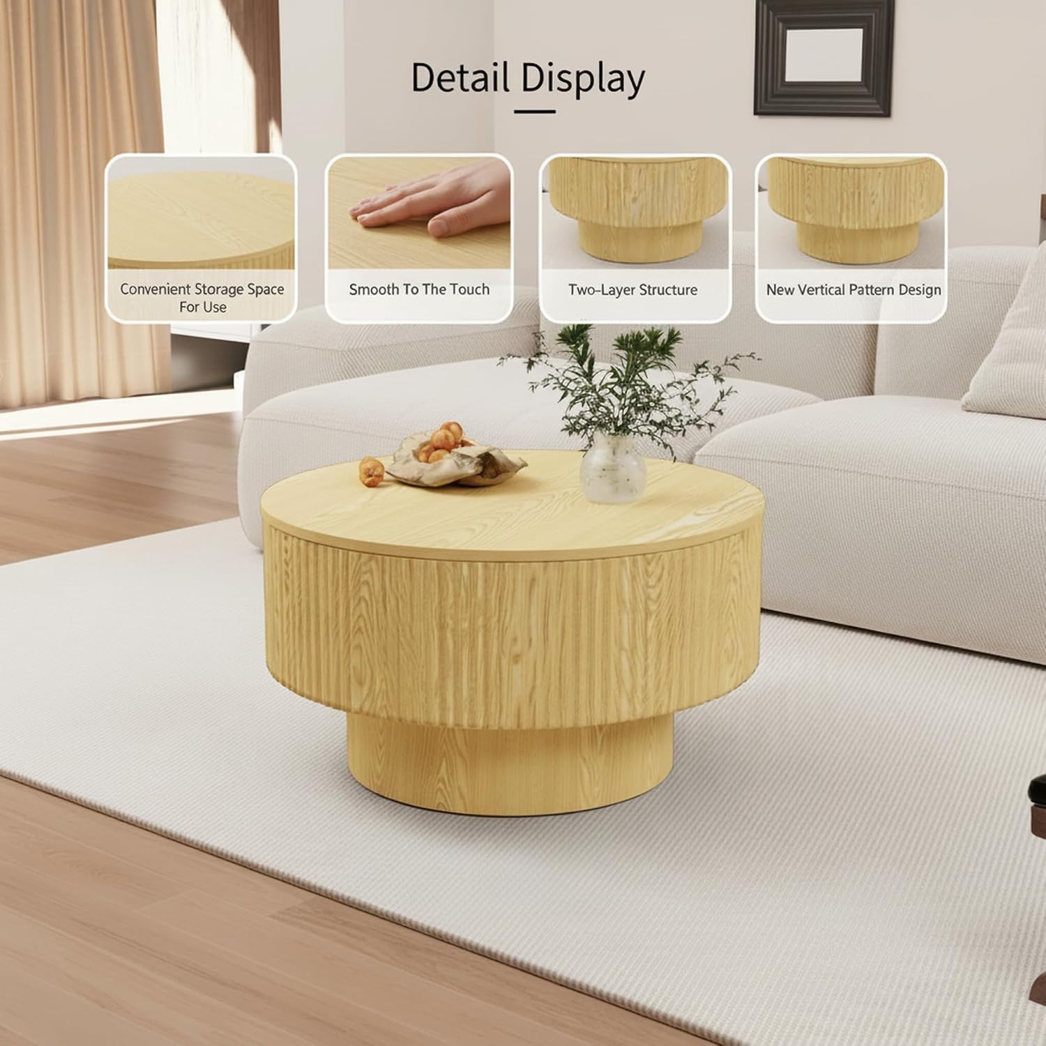 Round Coffee Table, Fluted Coffee Table with Storage, Modern Living Room Table Beside Sofa, Circle Coffee Table for Living Room, Couch, Conference Room