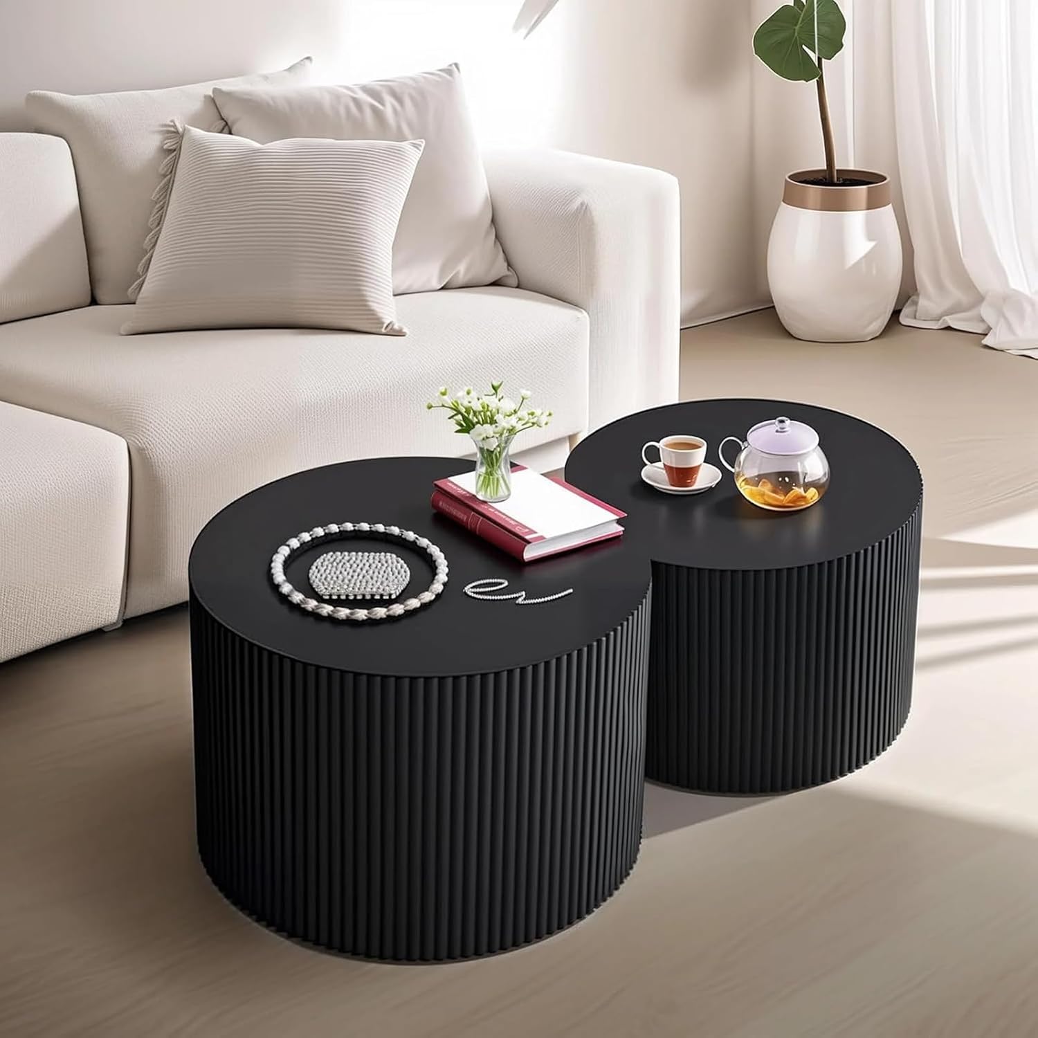 Black Round Fluted Coffee Table Set of 2 - Handcraft Embossed Design, Stylish Combination Center Drum Table for Living Room - No Assemble Needed (D-18.9IN+15IN)