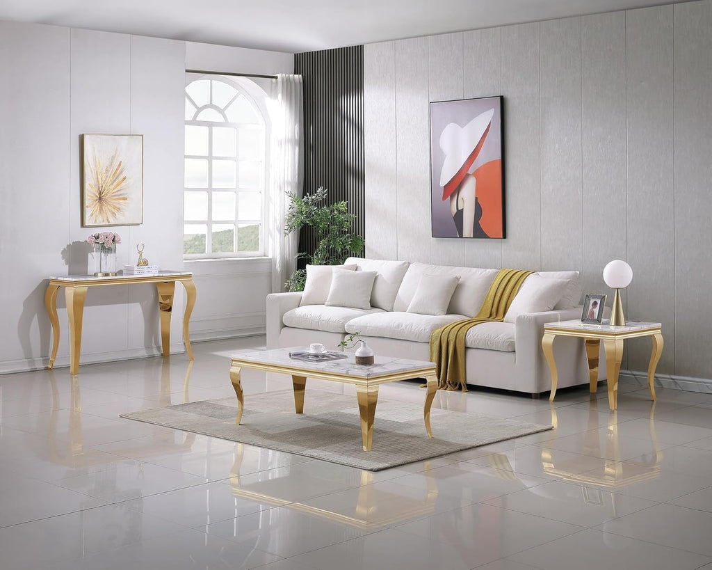 White Marble Coffee Table Set of 3, Modern Faux Marble Coffeee Table and 2 End Side Table, Luxury 3 Piece Living Room Table Set with Gold Stainless Steel S-Shape Legs for Apartment Home Office
