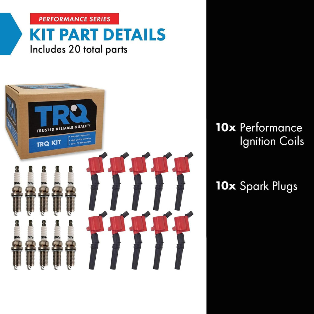 TRQ Ignition Coil and Spark Plug Kit 10 Piece Iridium Spark Plugs Compatible with 1997-2019 Ford E-350 Econoline E-350 Econoline Club Wagon Econoline Super Duty F-250 Super Duty F-350 Super Duty