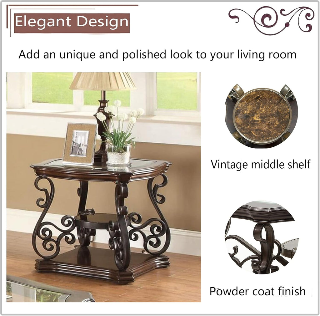 Elegant Retro End Table Sofa Side Table, Traditional 3-Tier Nightstand Bedside Table with Tempered Glass Top, Mid-Marble Shelf, Mid Century Accent Tea Table for Living Room Bedroom