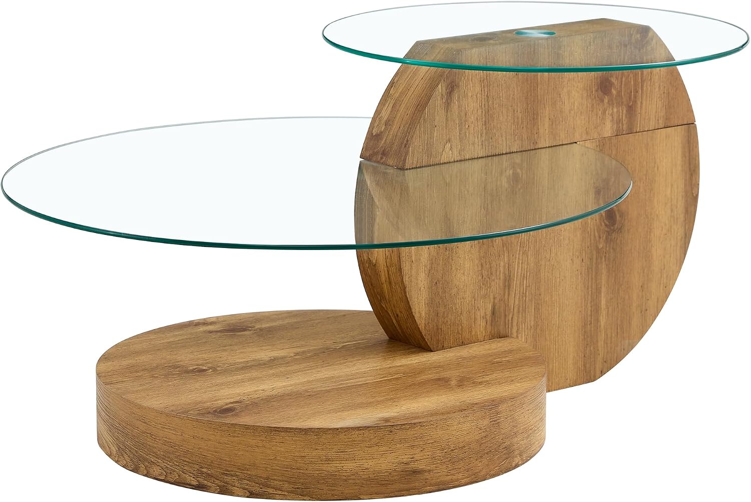 Glass Coffee Table 3 Tier Round Coffee Tables Tempered Clear Glass Top and Wood Table with Storage Modern Circle Coffee Table for Living Room (35.4' Wood)