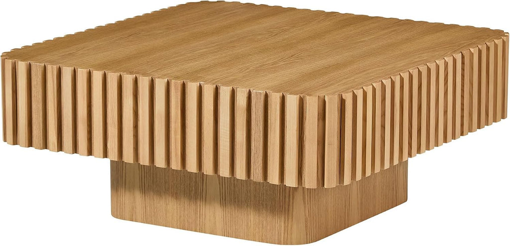 31.49'' Square Coffee Table for Living Room, Modern Wood Drum Pedestal Flute Embossment Coffee Table, Easy Assembly, Oak
