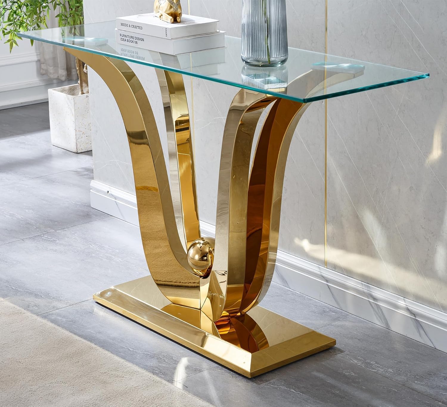 Modern Gold Glass Console Table, 47' Rectangle Entryway Table with Tempered Glas Top & Stainless Steel Frame, Luxury Glass Console Table Behind Sofa Table Hallway Table for Entrance Living Room