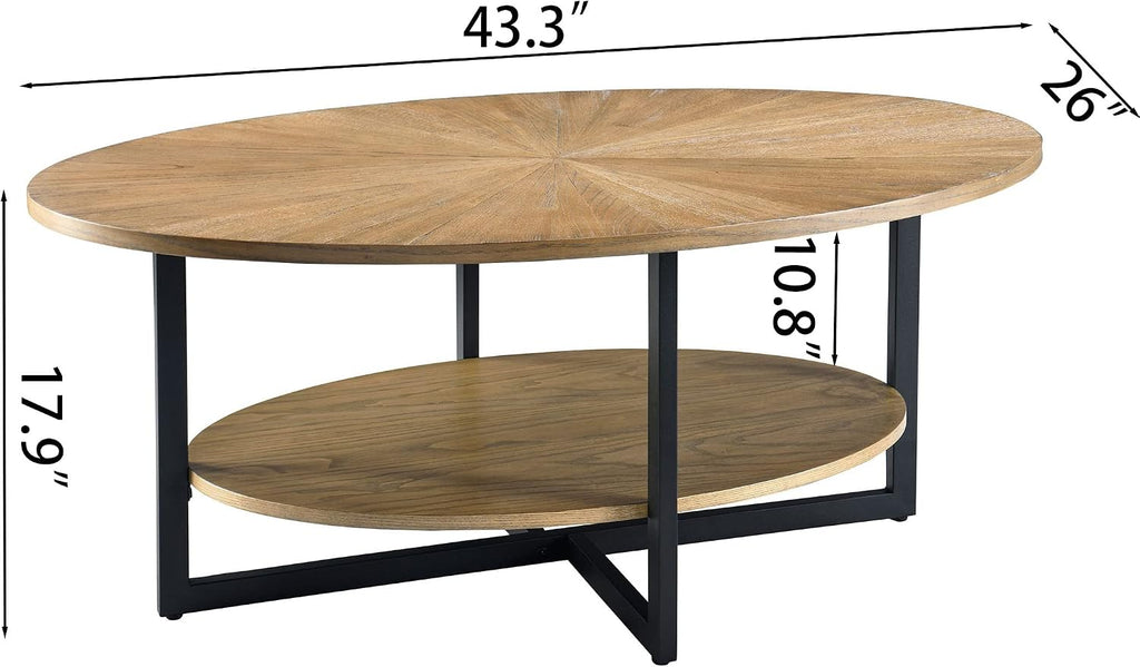 Solid Wood Oval Coffee Table with Cross Metal Legs, 43.3in Modern Industrail Center Table with Open Shelf Cocktail Tea Table for Living Room Bedroom, Rustic Nature 1811