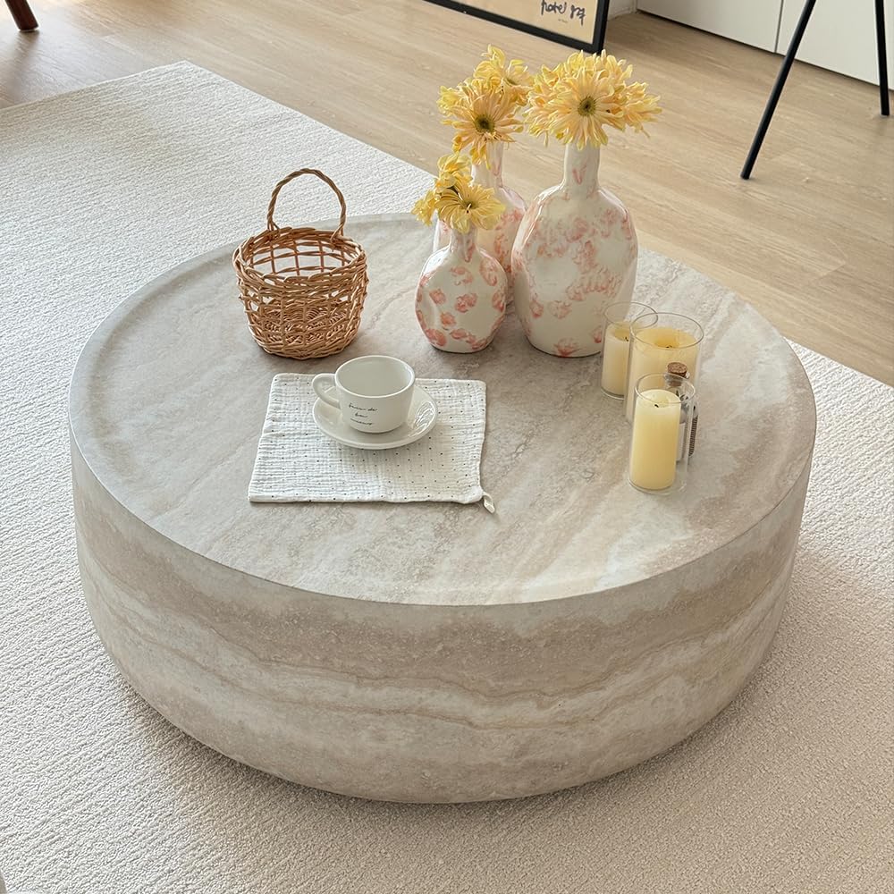 WILLIAMSPACE 31.49'' Round Coffee Table in Faux Marble, Modern Circle Fiberglass Drum Stone Center Table Side Table Tea Table for Living Room, No Need Assembly (Mars Pattern)