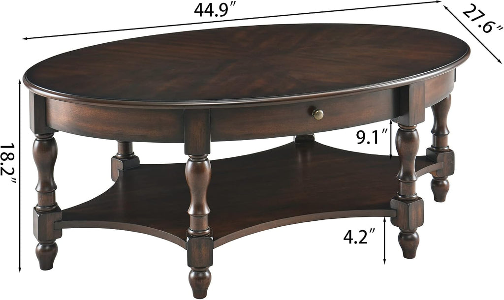 Coffee Table with Drawer, Solid Wood Oval Center Table with Storage Shelf, Traditional Living Room Table with Elegant Vintage Style, Easy Assembly, 45' x 27.6' x 18.2' Retro Walnut KFZ2233DC
