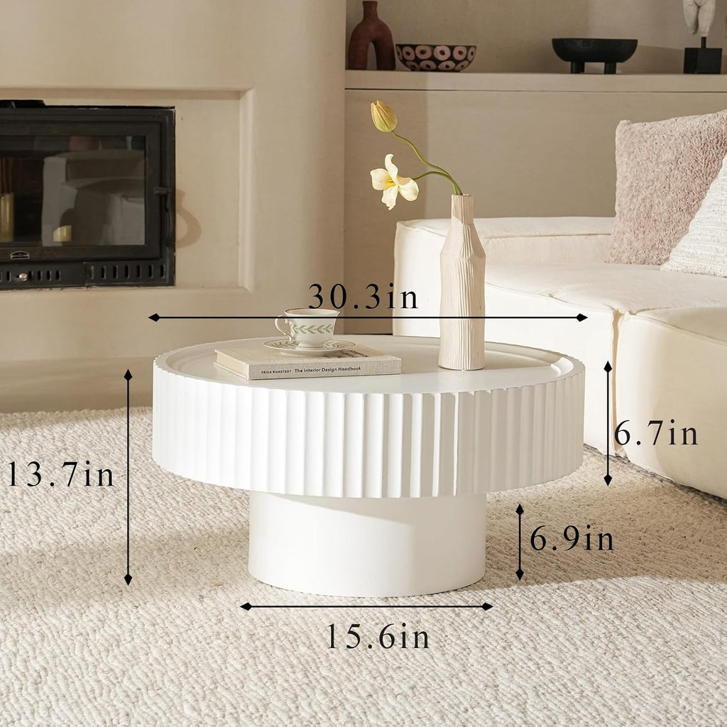 Round Coffee Table, 30.3in Modern Living Room Table, Fluted Drum Circle Tea Table with Storage, Accent Center Tables for Living Room, Apartment, Small Space (White)