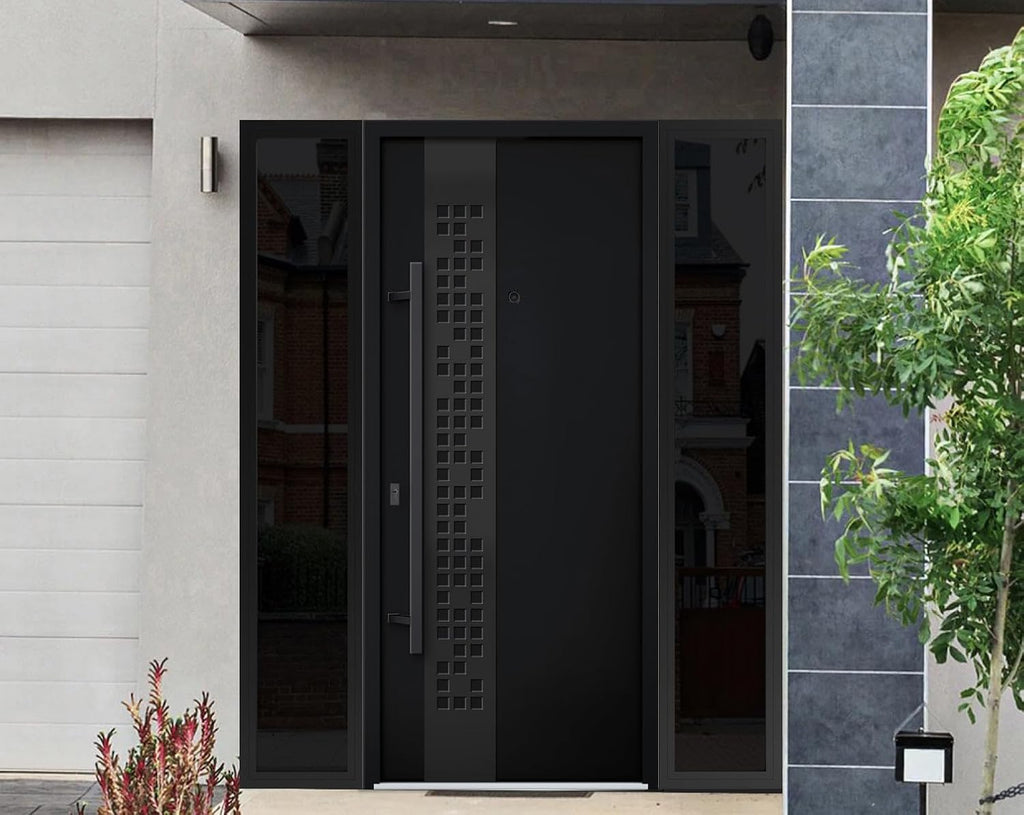 VDOMDOORS Front Exterior Prehung Steel Door/Deux 6078 Black Enamel / 2 Side Exterior Windows Sidelites/Entry Metal Modern Painted W12+36+12' x H80 Right Hand Inswing