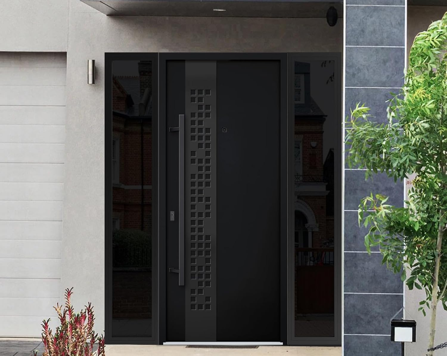 VDOMDOORS Front Exterior Prehung Steel Door/Deux 6078 Black Enamel / 2 Side Exterior Windows Sidelites/Entry Metal Modern Painted W12+36+12' x H80 Right Hand Inswing