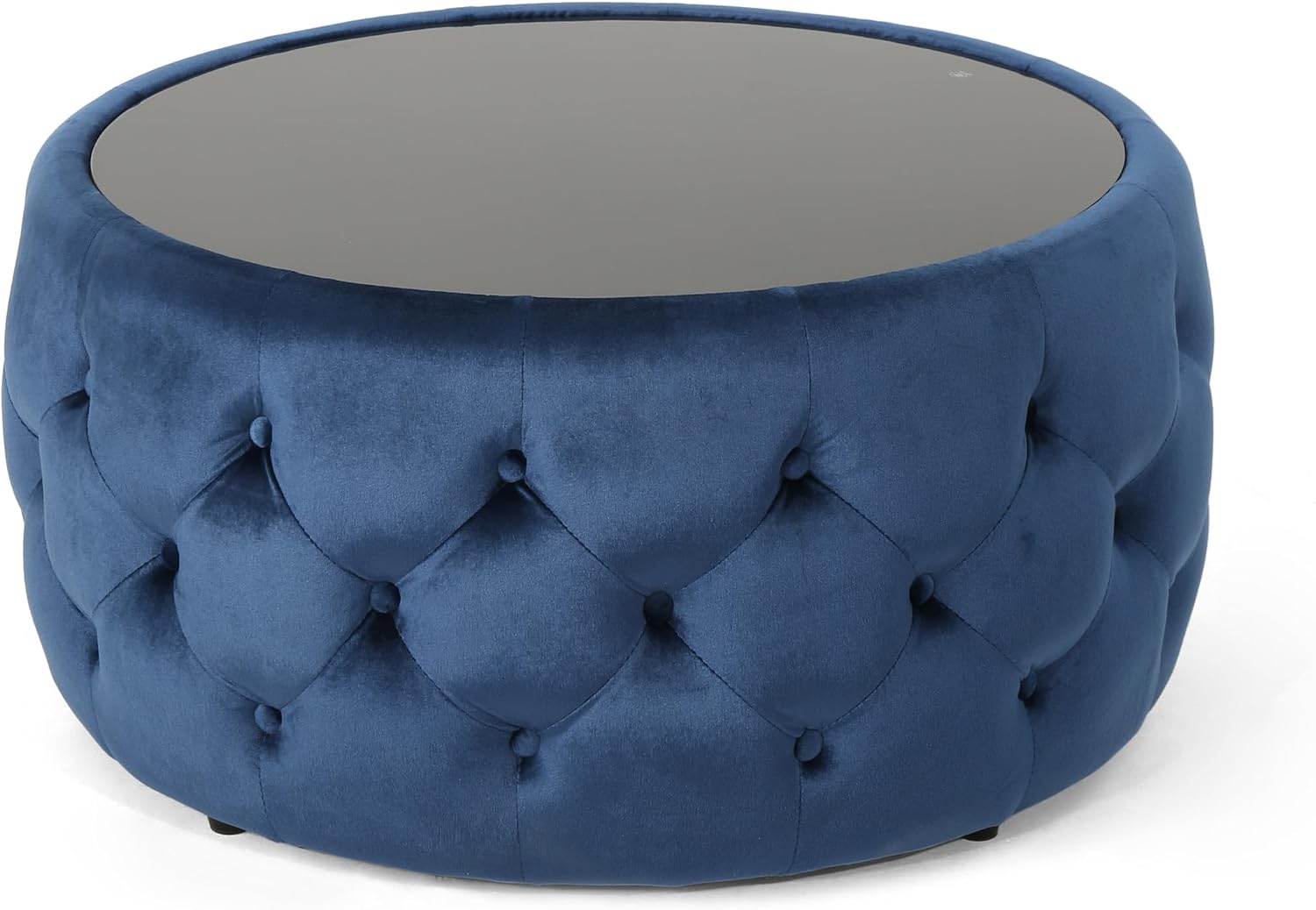 30' Round Velvet Ottoman Coffee Table, Button Tufted Coffee Table with Tempered Glass Top Modern Upholstered Tufted Velvet Cocktail Center Table for Living Room, Fully Assembled (Dark Blue)