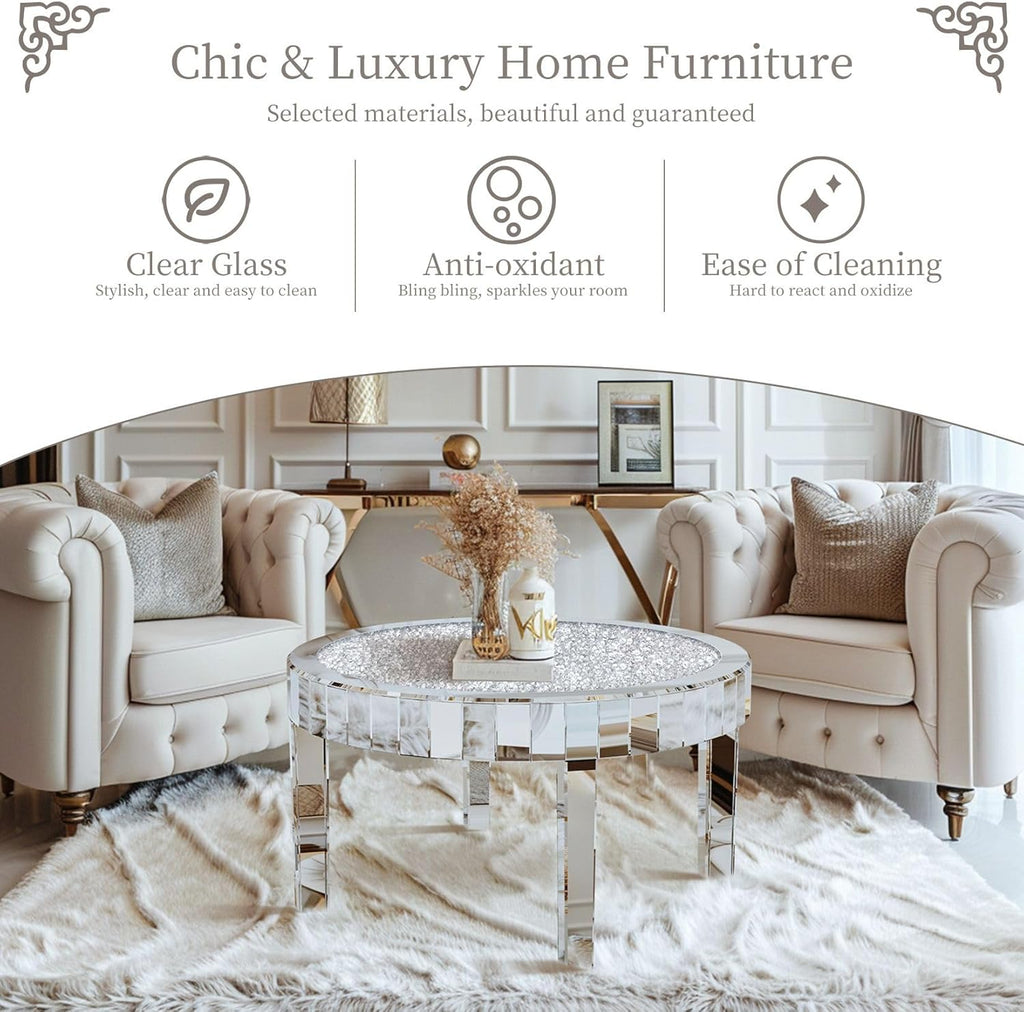 Silver Mirrored Coffee Table: 31.5 inch Round Crystal Glass Mirror Tabletop Crushed Diamond