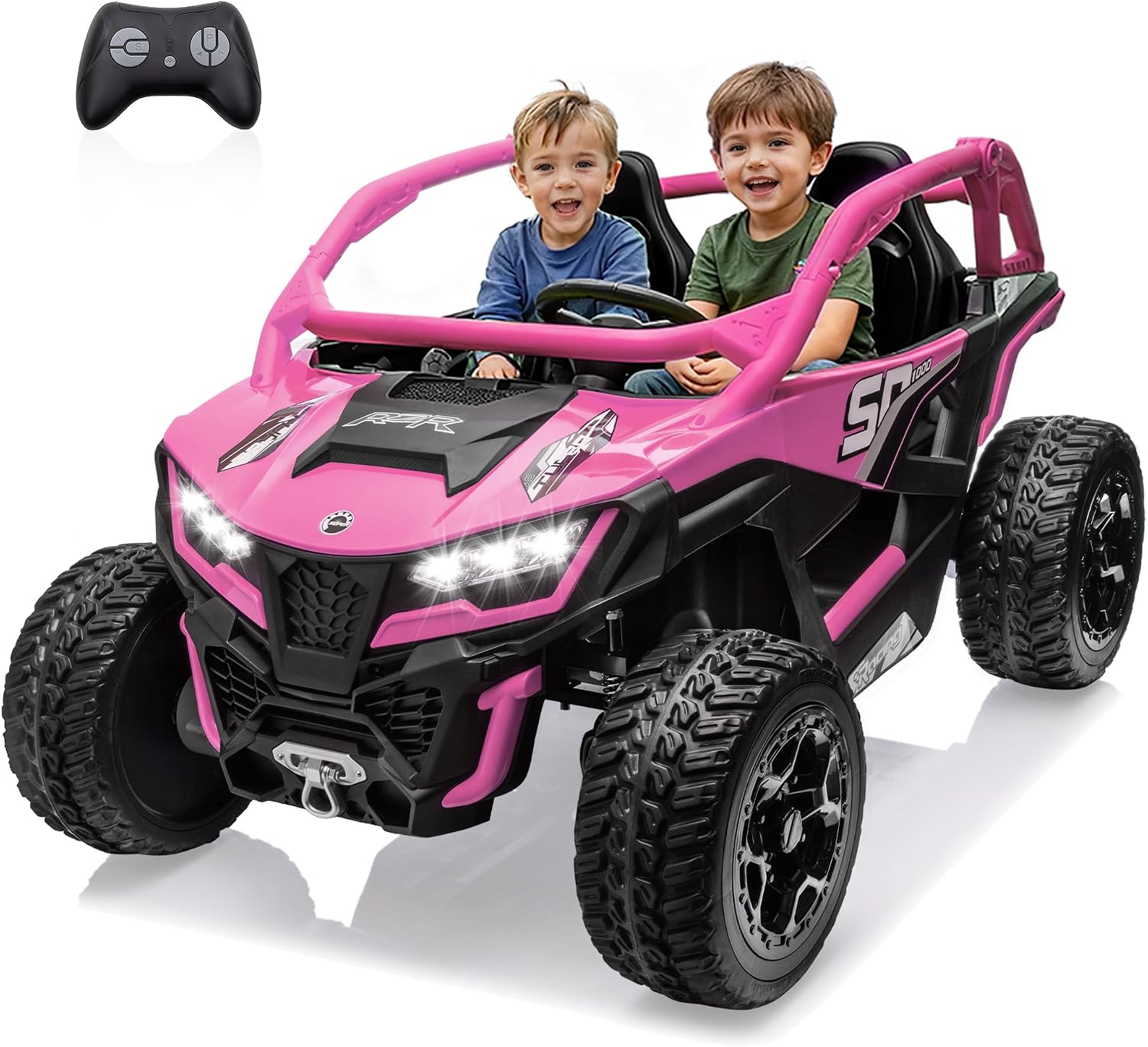 wanan XL 24V 10AH Ride on Toys for Big Kids Real 2-Seater, 4x4 4WD Motor Ride on Car Kid UTV for Kids 3-8, Remote Control, Bluetooth Music, 4 Spring Suspension, 22' Spacious Seats (Pink)