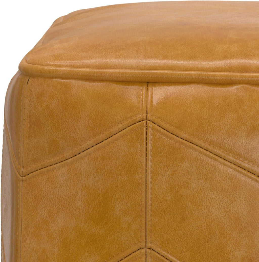 SIMPLIHOME Morden Square Pouf - 18 inch Wide Upholstered Genuine Leather Ottoman in Brown, Contemporary Footstool or Extra Seating for Living Room or Bedroom with Chevron Pattern, Assembled