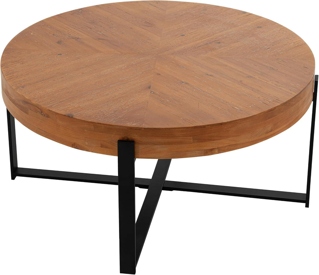 Setawix Farmhouse Round Coffee Table for Living Room, 33.86' Small Side End Table, Wood Retro Splicing Coffee Table, Modern Accent Coffee Table Entry Way Table with Black Metal Cross Leg