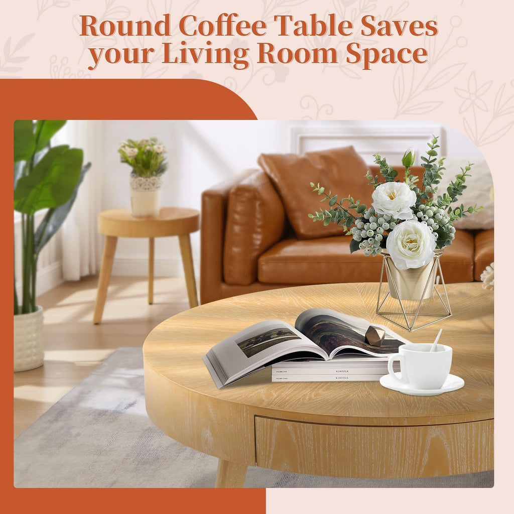 Round Wood Coffee Table for Living Room, Modern Wood Table with Storage, Wooden Circle Coffee Table, 29.14' L x 29.14' W x 15.87' H