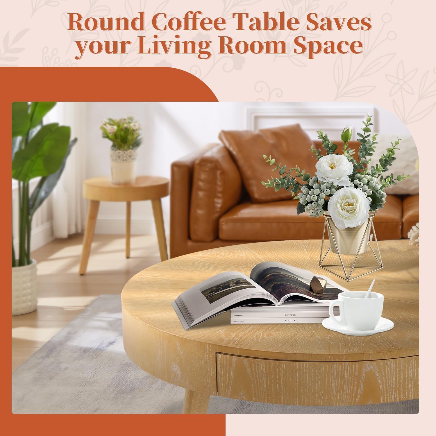 Round Wood Coffee Table for Living Room, Modern Wood Table with Storage, Wooden Circle Coffee Table, 29.14' L x 29.14' W x 15.87' H