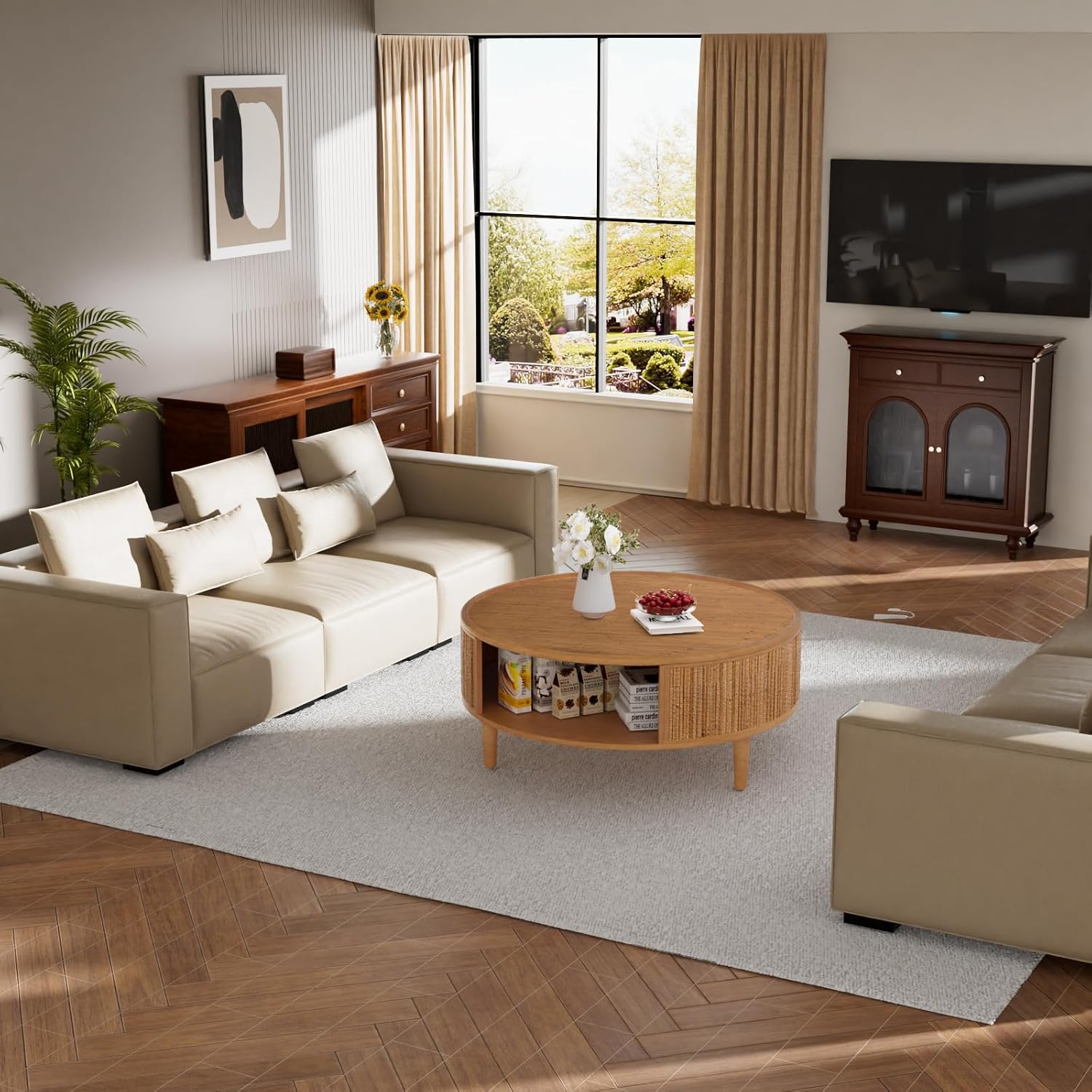 30.5' Storage Round Coffee Table, Modern Coffee Tables with Rattan-Accent Top and Sides, Wooden Circle Center Table for Living Room, Small Spaces, and Apartments, Easy Assembly