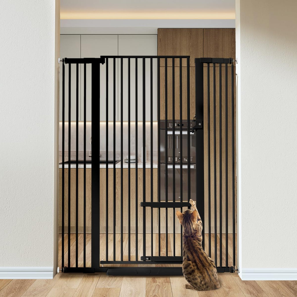 COMOMY 55.1' Extra Tall Pet Gate for Cats, 29.5-43' Extra Wide Cat Gate with Adjustable Cat Door, Pressure Mounted Easy Walk Through Pet Gate with Door for Stairs, Doorways, Kitchen(Black)