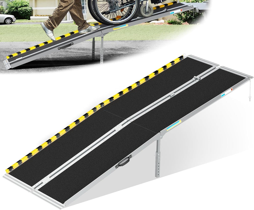 YOUNYNYE 8ft Portable Wheelchair Ramp, Non-Slip Aluminum Alloy Folding Barrier-Free Ramp with Support Legs & Lock, Threshold Ramp Suitable for Home Steps, Stairs, Entry, Doorways