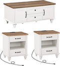 WAMPAT White Coffee Table Set of 3, One Wood Center Table with Drawers, 2 End Side Tables with Charging Station, 3 Pieces Living Room Table Set