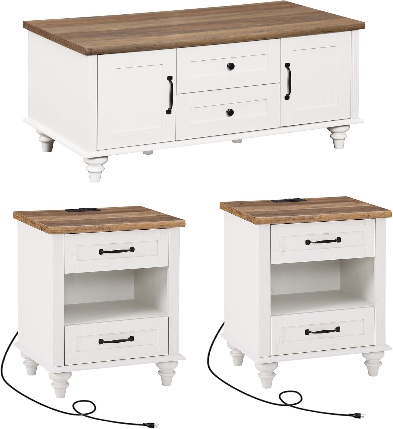 WAMPAT White Coffee Table Set of 3, One Wood Center Table with Drawers, 2 End Side Tables with Charging Station, 3 Pieces Living Room Table Set