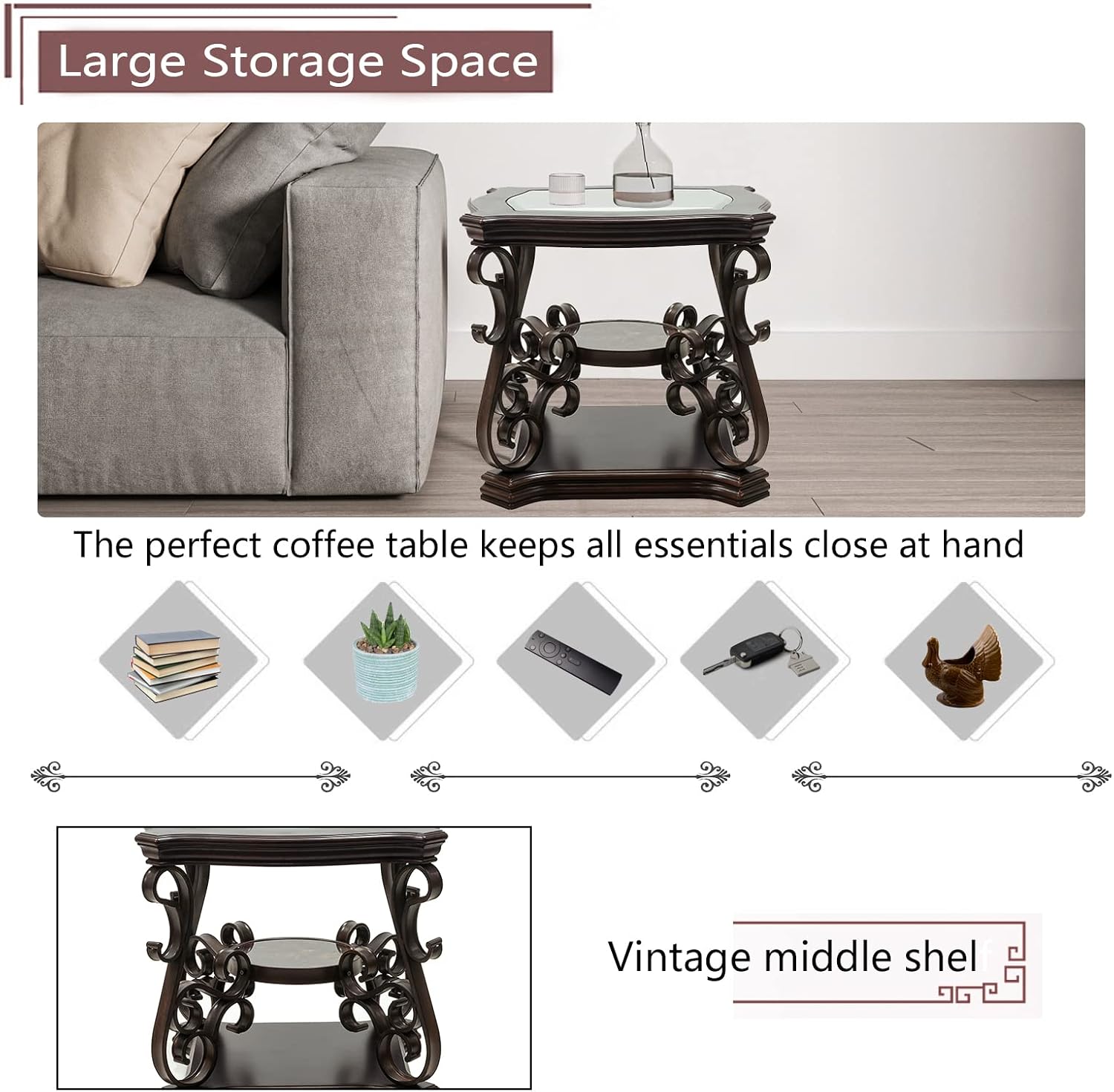 Elegant Retro End Table Sofa Side Table, Traditional 3-Tier Nightstand Bedside Table with Tempered Glass Top, Mid-Marble Shelf, Mid Century Accent Tea Table for Living Room Bedroom
