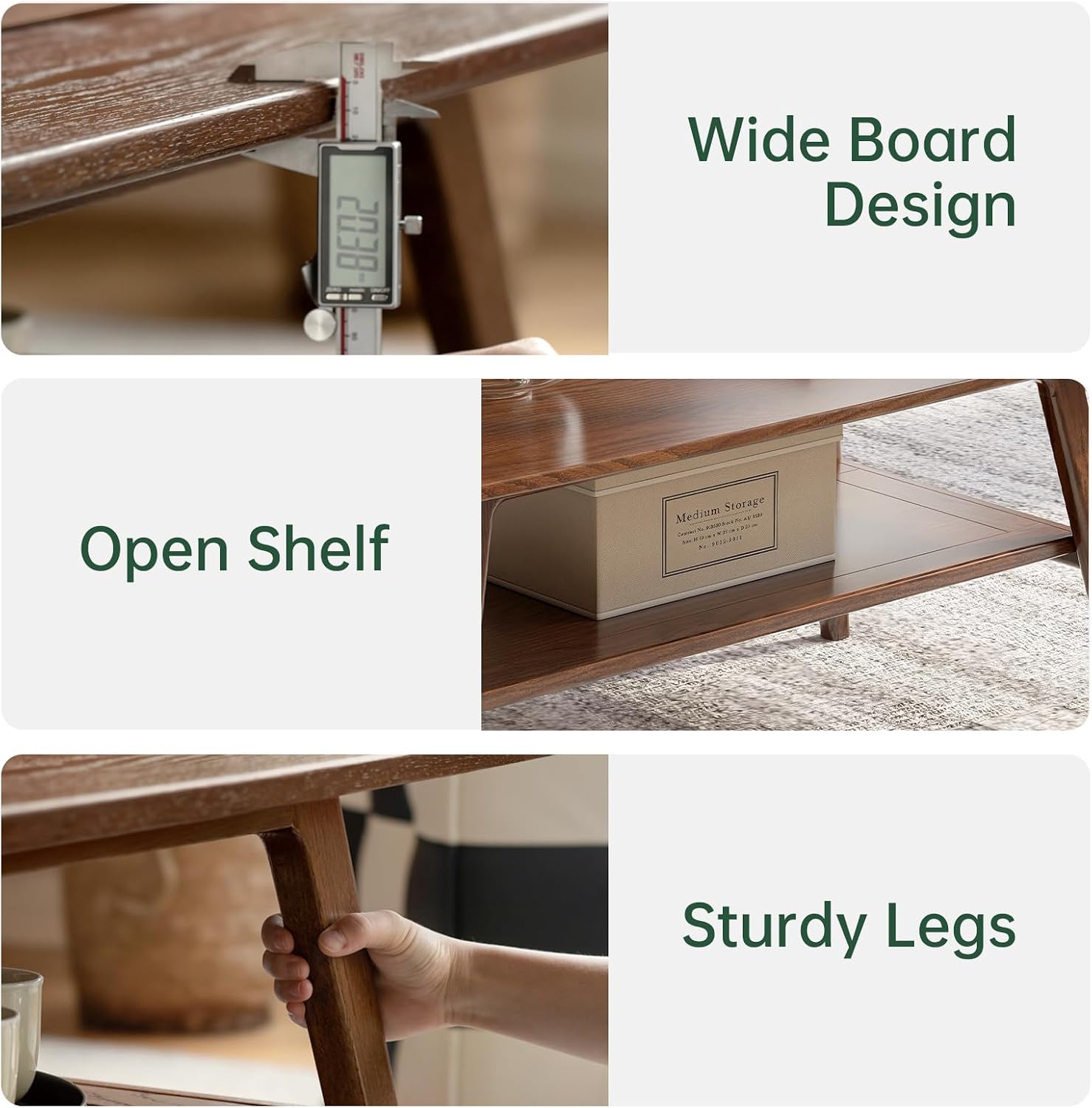 100% Solid Wood Coffee Table for Living Room, 31.5' Small Tables with Shelf Storage, Mid Century Modern Storage Coffee Table with Rounded Corners (Oak Wood Walnut Color)