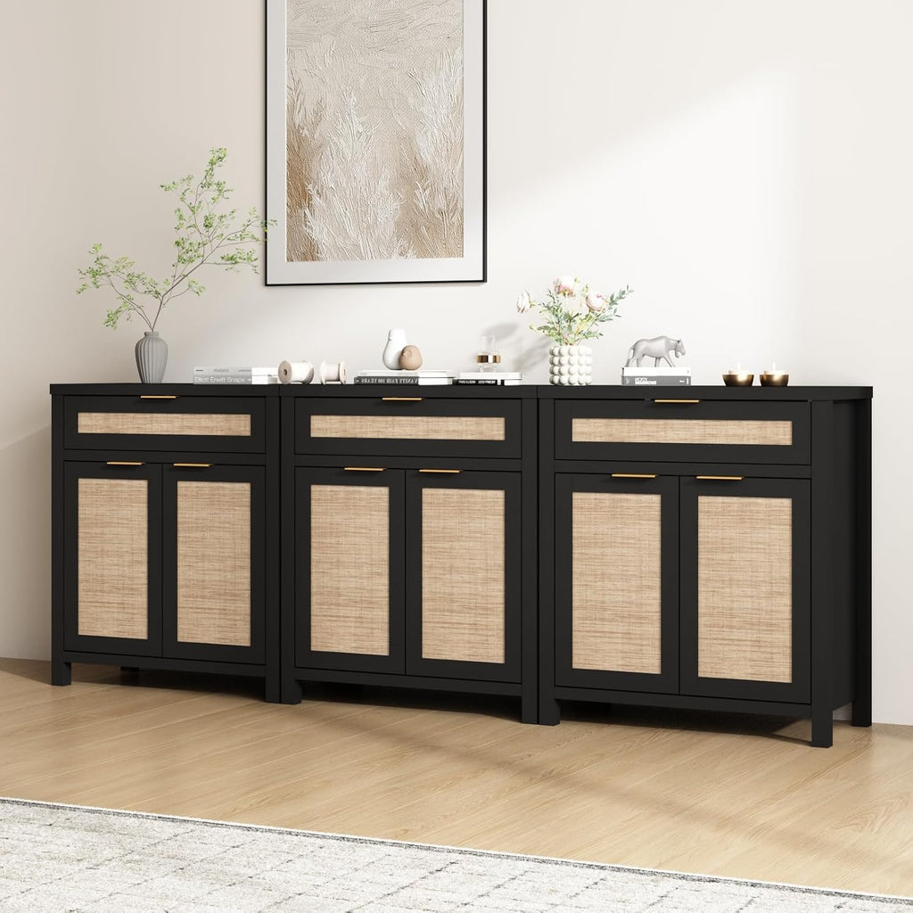 HOKYHOKY Rattan Sideboard Buffet Cabinet Set of 3, Boho Storage Cabinet with Adjustable Shelves, Farmhouse Credenza Coffee Bar Table with Doors & Drawer for Living Room, Hallway & Kitchen, Black