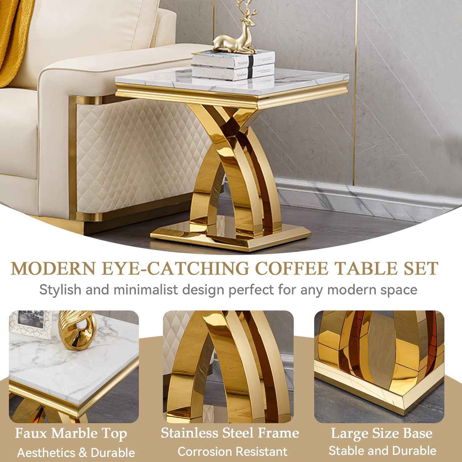 Modern Marble End Table,22' Suqare Side Table with Gold X-Shape Stainless Steel Base,Luxury White Faux Marble End Table Nightstand Pedestal Stand Lamp Table for Hallway, Living Room, Bedroom