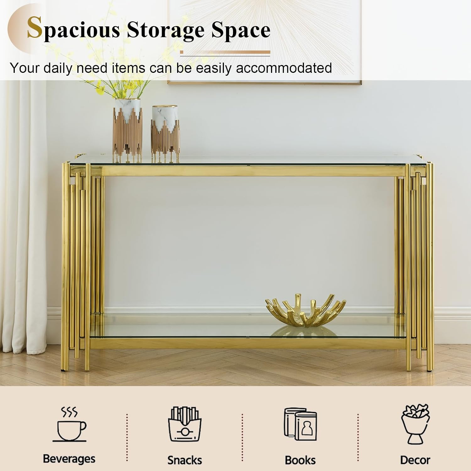 Modern Gold Glass Console Table, 55' Narrow Long Entryway Table with Stainless Steel Frame, Luxury 2-Tier Rectangle Accent Table Behind Sofa Entrance Table Foyer Table for Living Room Hallway