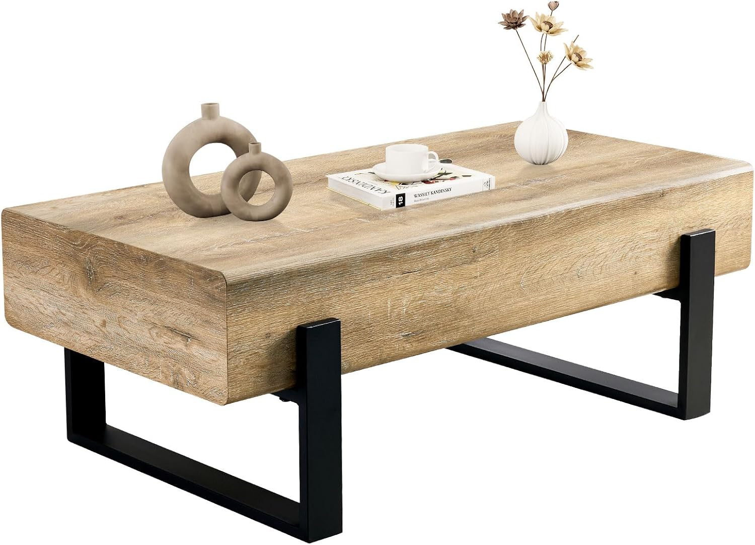 47.24' Rectangle Coffee Table, Wood Coffee Table Center Table with 7.8' Thick Tabletop Metal Legs Rounded Corners for Living Room Office, Natural Wood