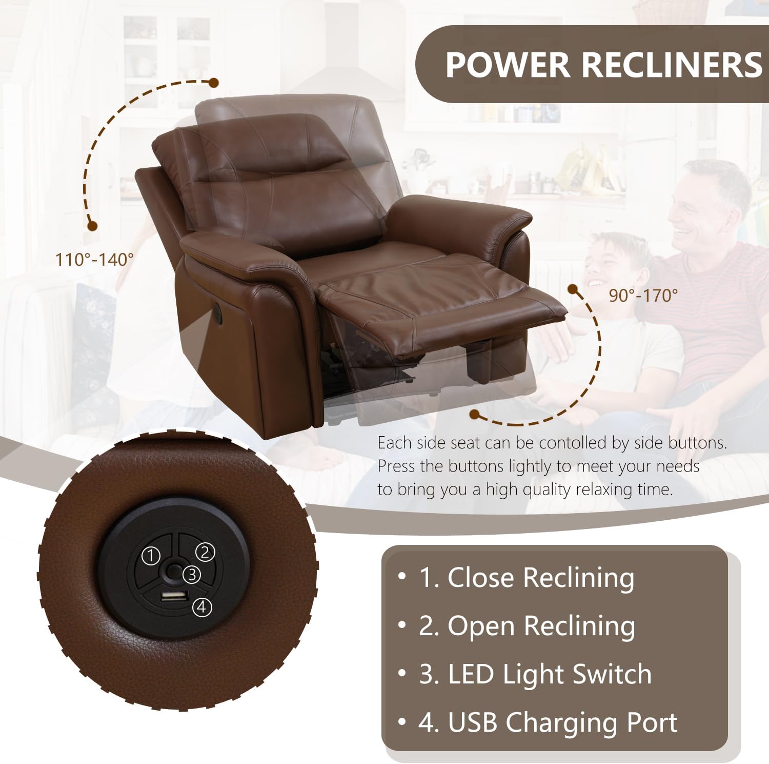 Leather Power Recliner Chair, Reclining Sofa Chair with Padded Backrest, Single Home Theater Seating with Light Strip, Classic Brown Recliner Furniture for Living Room/Office/RV, Brown