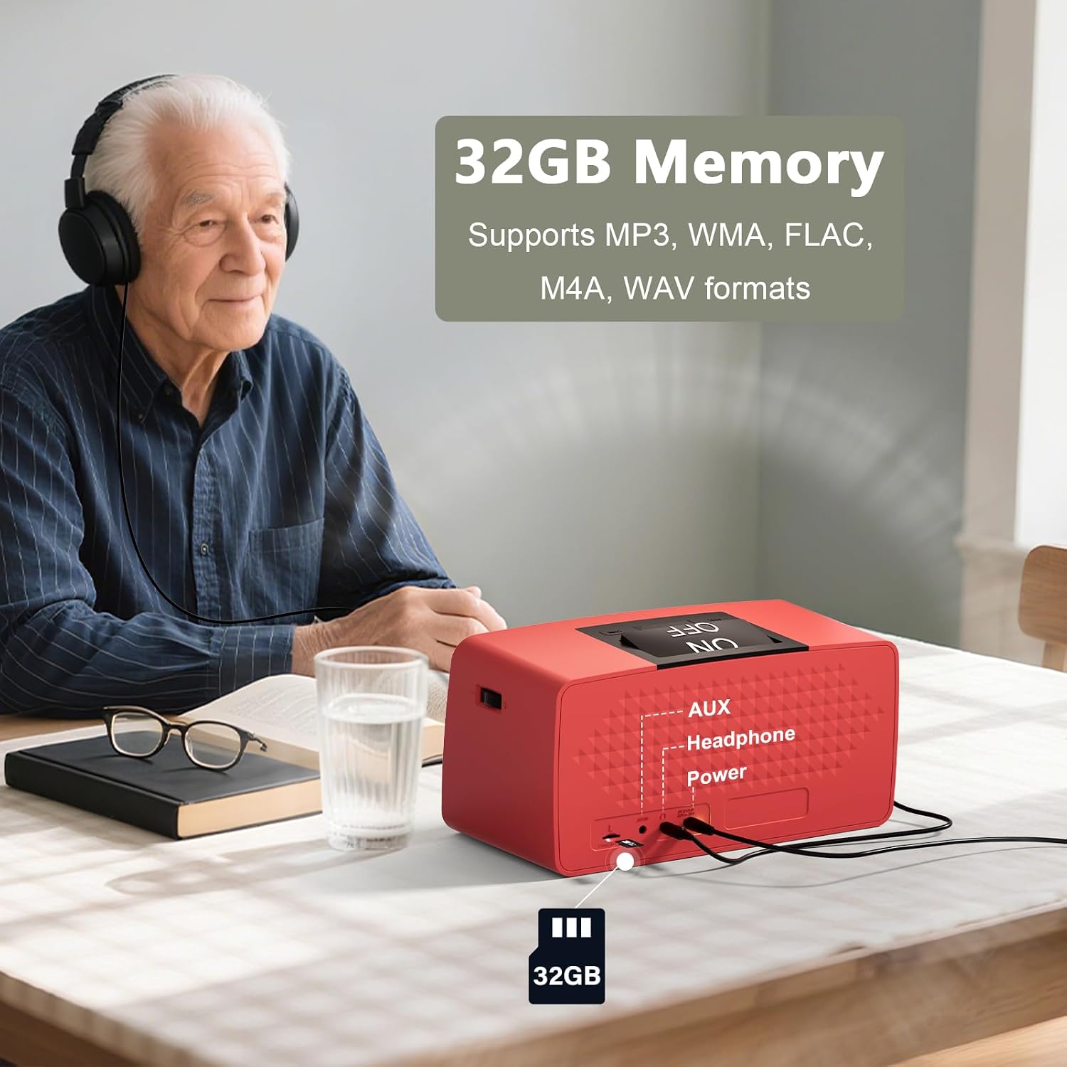 Simple MP3 Player with Large Buttons & Easy Operation, Music Player Ideal for Elderly, The Hearing Impaired, Dementia/Alzheimer's Patients, Audio Player with 32GB TF Card (Red)