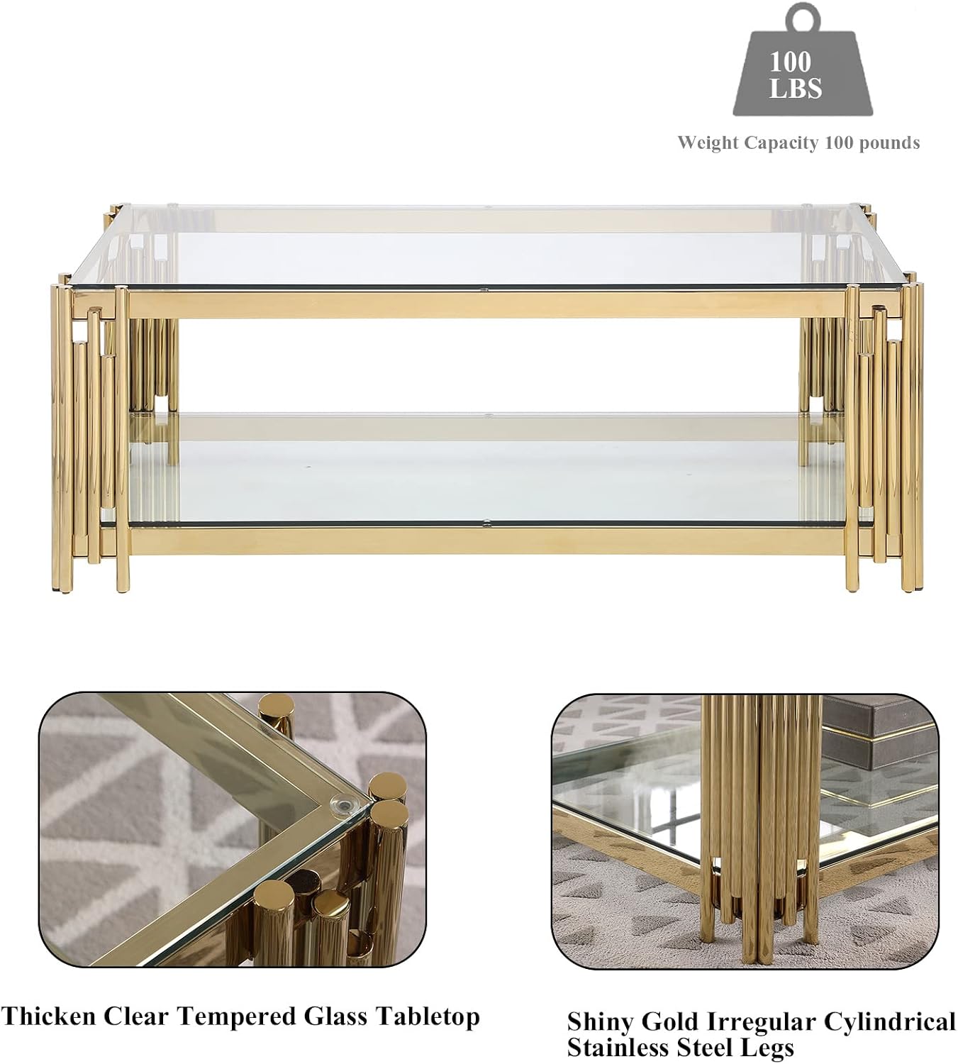 SSLine Clear Glass Coffee Table with Gold Stainless Steel Frame Luxury Rectangle 2-Tier Coffee Table for Living Room Modern Elegant Cocktail Center Table with Storage Shelves for Home Office