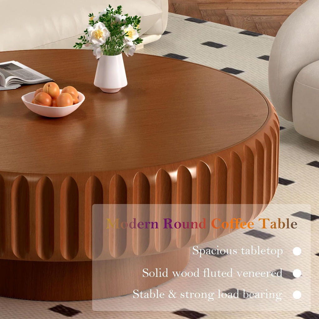 39.37' Drum Storage Coffee Table - Handcraft Solid Wood Edge Stripe Modern Chic Fluted Tea Table with with Storage for Small Space Apartment (D 39.37in)
